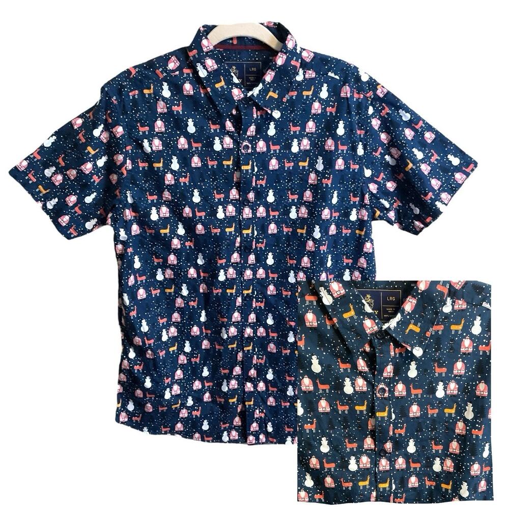Rugby Christmas Shirt Men's Size L Blue Santa‎ Snowman Reindeer Button Up Cotton